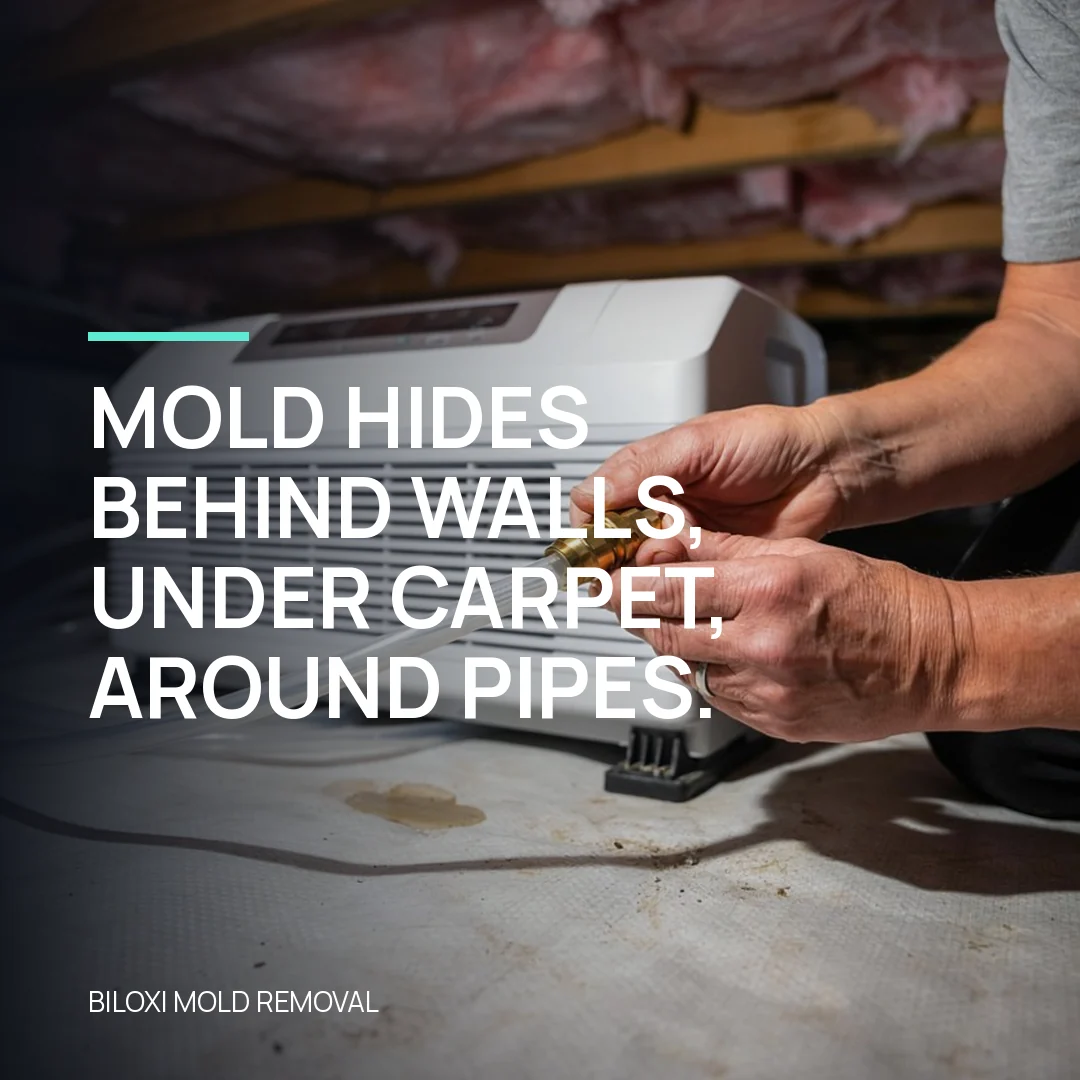 Mold hides behind walls, under carpet, around pipes.